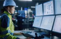 A young woman in a hard hat sits in front of multiple computer screens controlling complex UI machine operation processes.